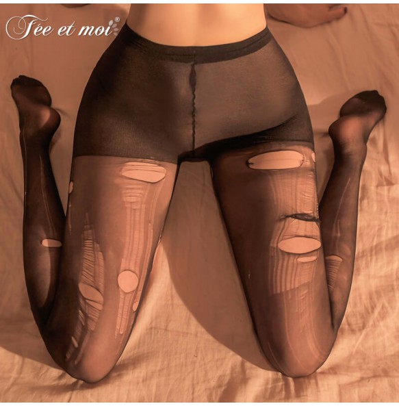 FEE ET MOI Ultra-Thin Ripped Stockings Sexy Pantyhose (Black)